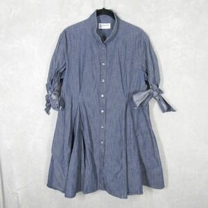 OSMAN London Blue Herringbone Shirt Dress Womens 10 Tie Sleeve Pockets Mini
